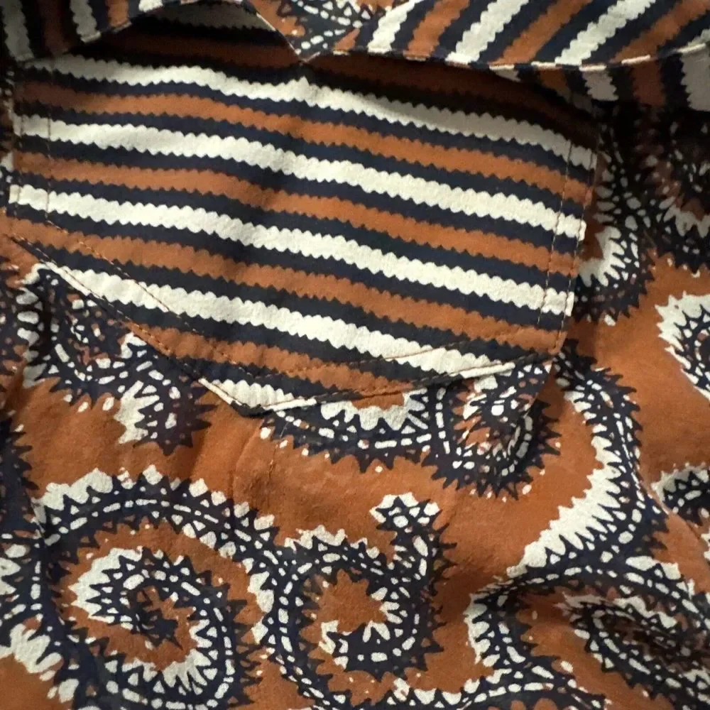 Tory Burch Brown Paisley Tunic with Black and Cream Stripes